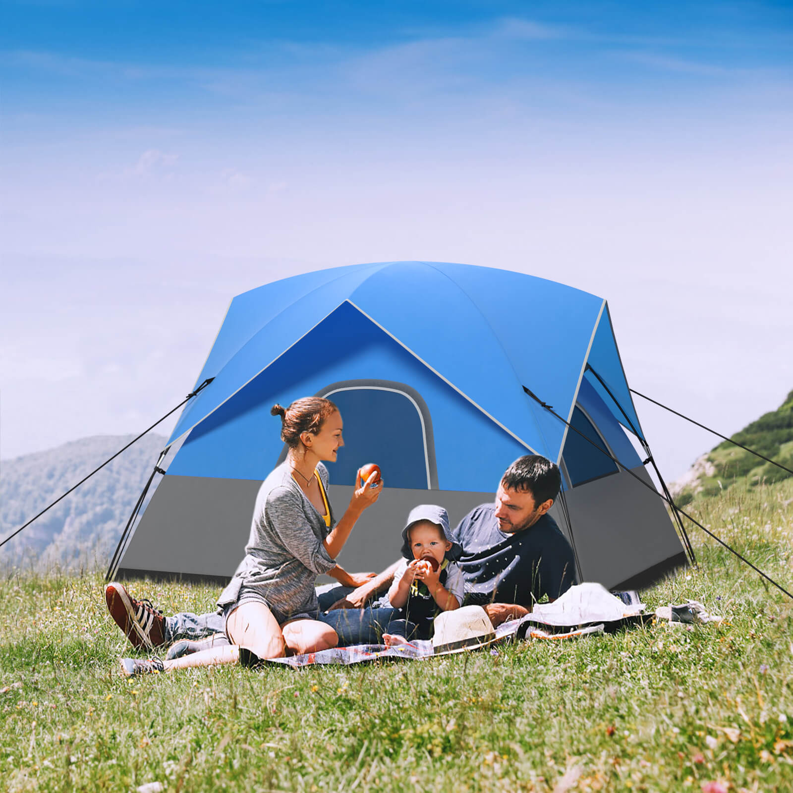 3-Person Outdoor Camping Tent with Removable Floor Mat-Black & Blue